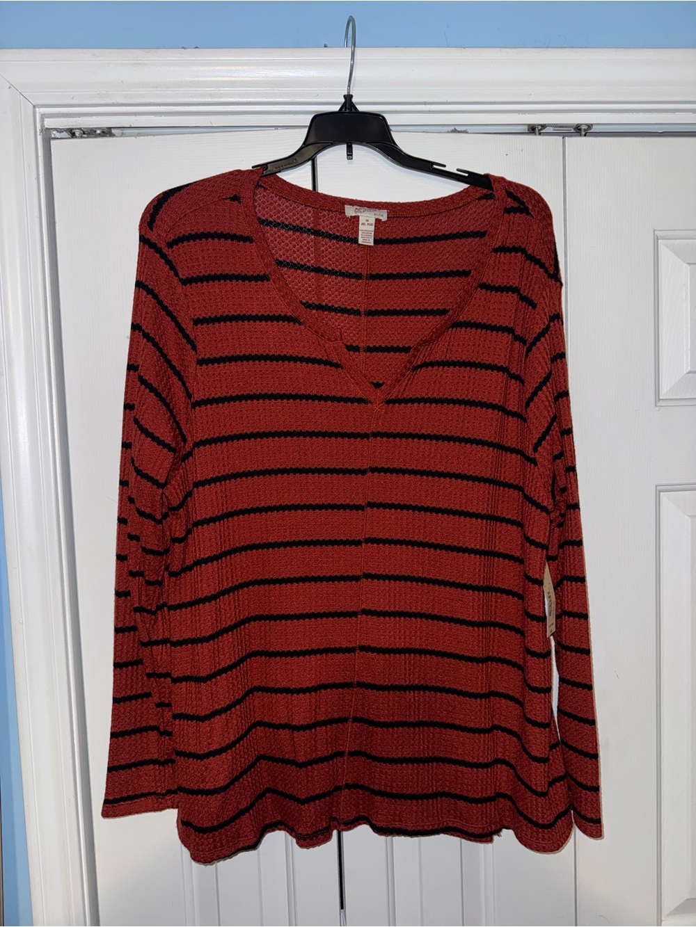 Rust and Black Striped V-Neck lightweight Sweater